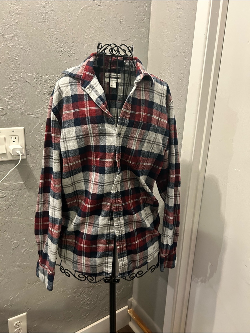 Amazon Essentials Red Navy and White Plaid Button-Down Shirt